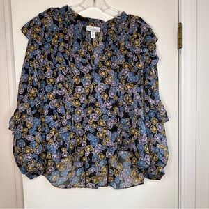 Topshop Floral Ruffle Sheer Blouse Women's Size 2 Black Multicolor Long Sleeve